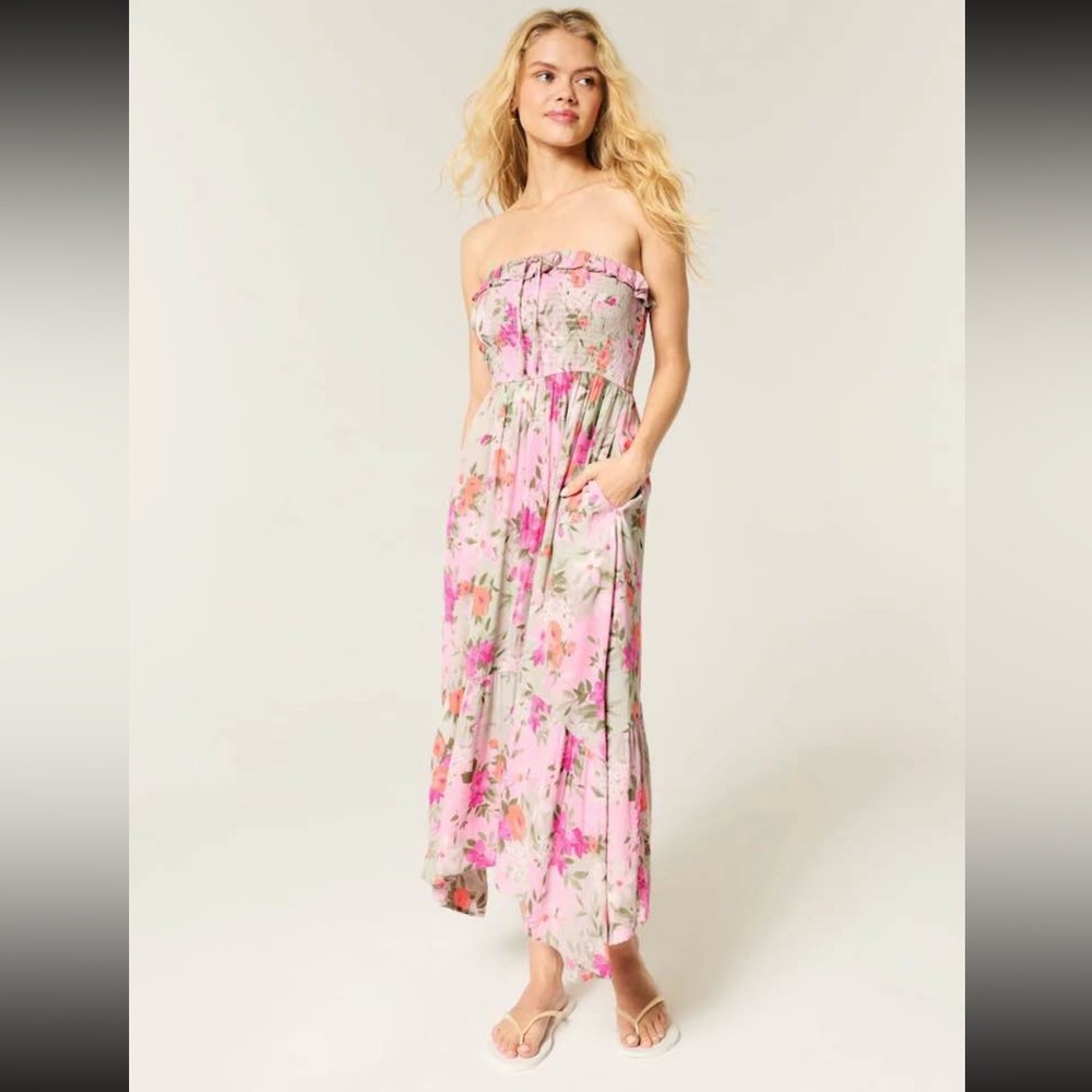 Hollister Pink Floral Strapless Maxi Dress